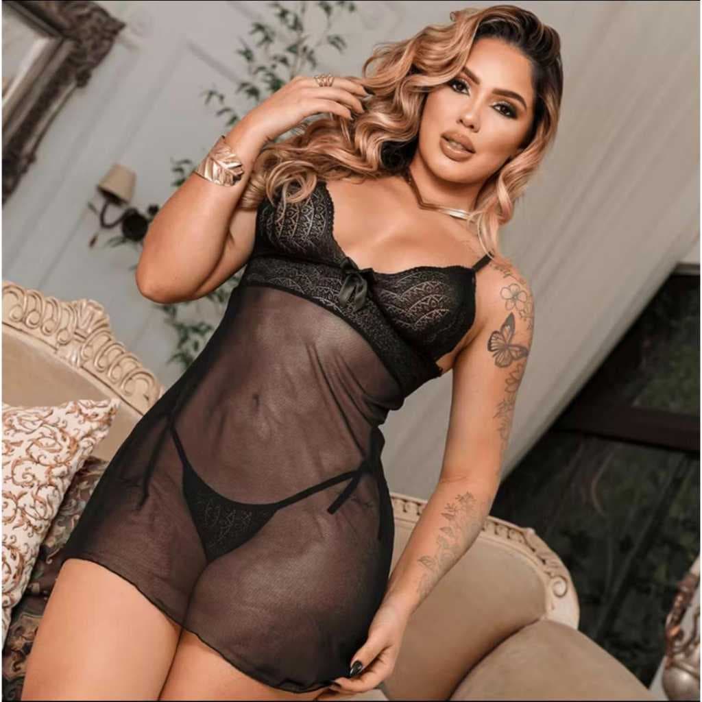 Baby Doll Feminino Sexy Renda Transparente com Calcinha Lacinho Lingerie Sensual Confortável