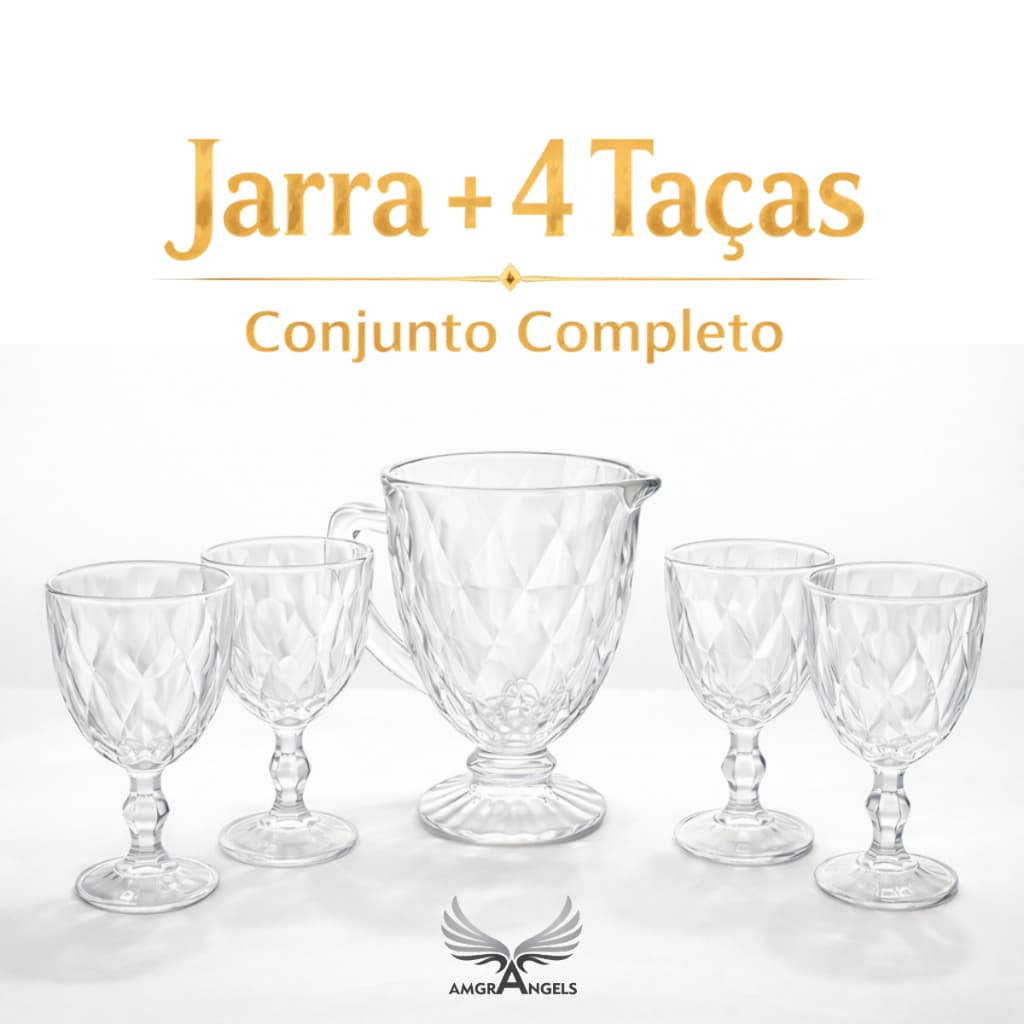 Conjunto Jarra + 4 Taças Diamond Kit De Vidro Cristal Transparente Elegante Mesa Posta Água Suco