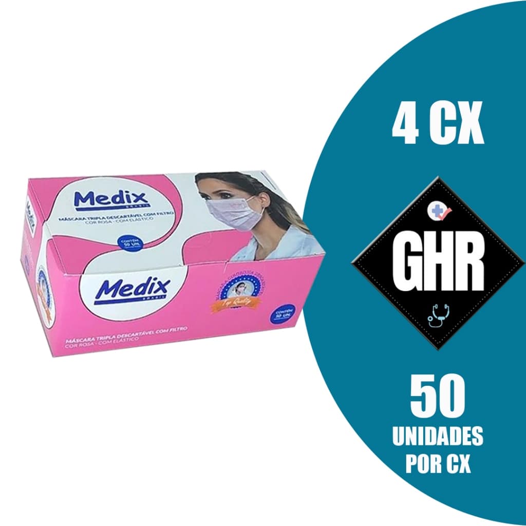KIT 4CX Máscara Descartável Tripla Camada C/elástico Caixa C/50 Pçs Rosa - MEDIX