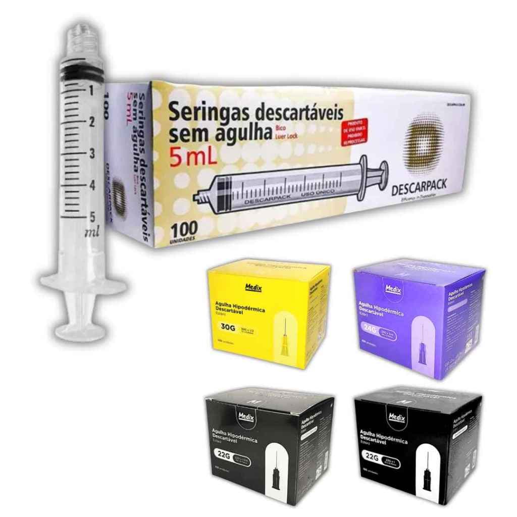 Kit 100 Seringas 5ml Bico Ll + 100 Agulhas Hipodérmicas