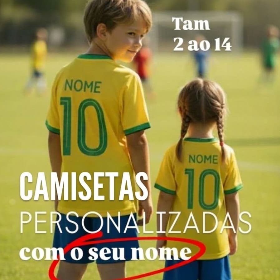 Kit 2 Camiseta Brasil Infantil Conjunto Personalizado Nome Amarelo
