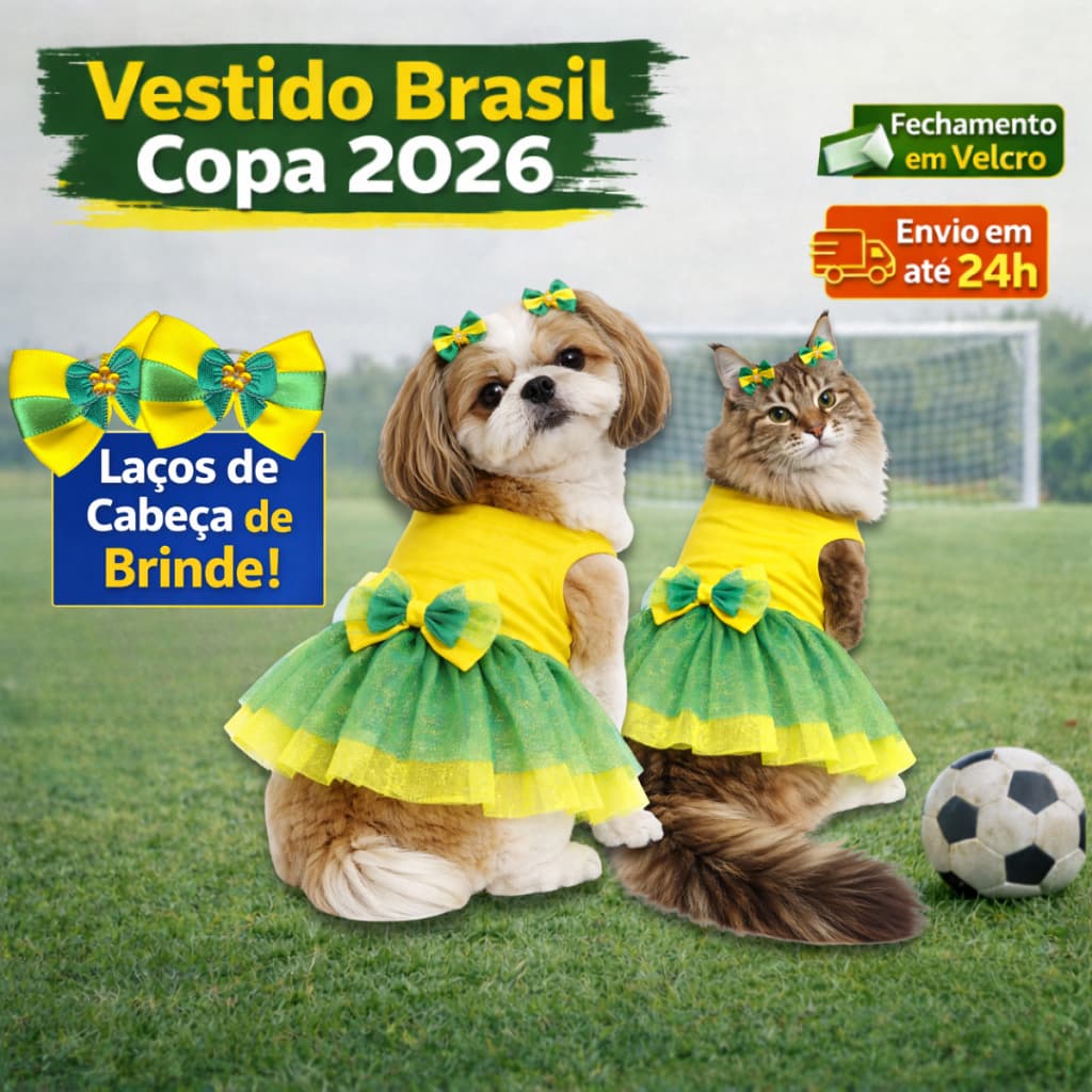 Vestido Pet Femea Copa Roupa Cachorro e Gato Brasil Verde e Amarelo com Tule com Glitter Vestido Pet