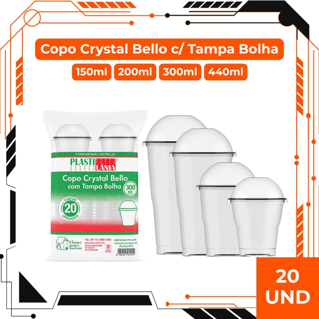 Copo Crystal Bello com Tampa Bolha 20 Unidades Copo PET Transparente para Açaí Milkshake e Sobremesas