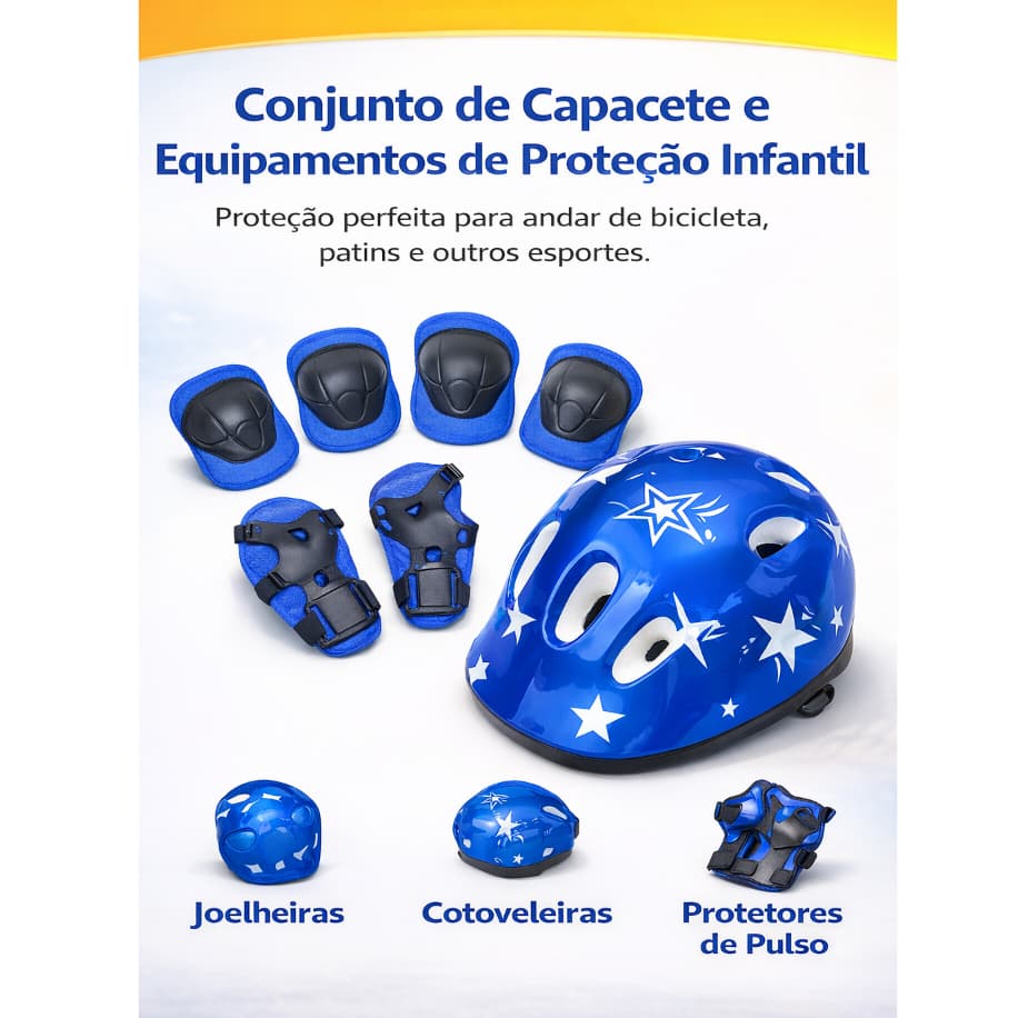 Kit Proteção Infantil 7 Peças – Capacete + Joelheiras + Cotoveleiras para Bicicleta, Patins e Patinete