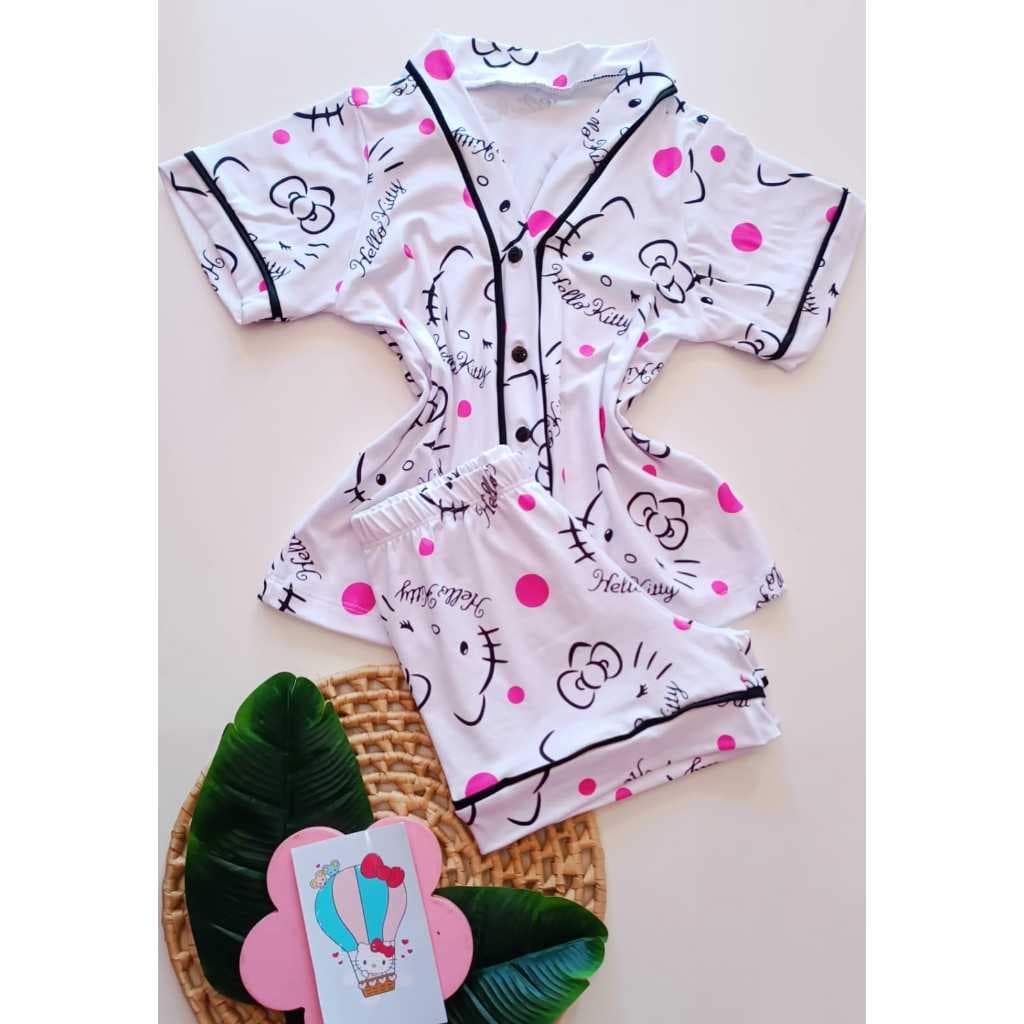 Pijama Americano Infantil Hello Kitty Branco com Bolinhas Rosa Detalhe Preto