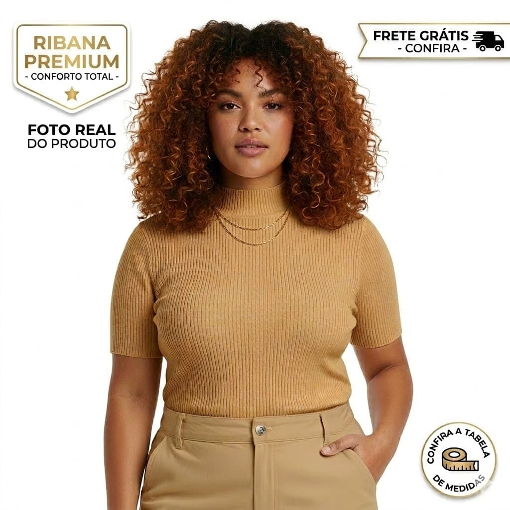 Blusa Feminina Gola Alta Canelada Plus Size Cacharréu Malha Confortável | T-Shirt para Dia a Dia
