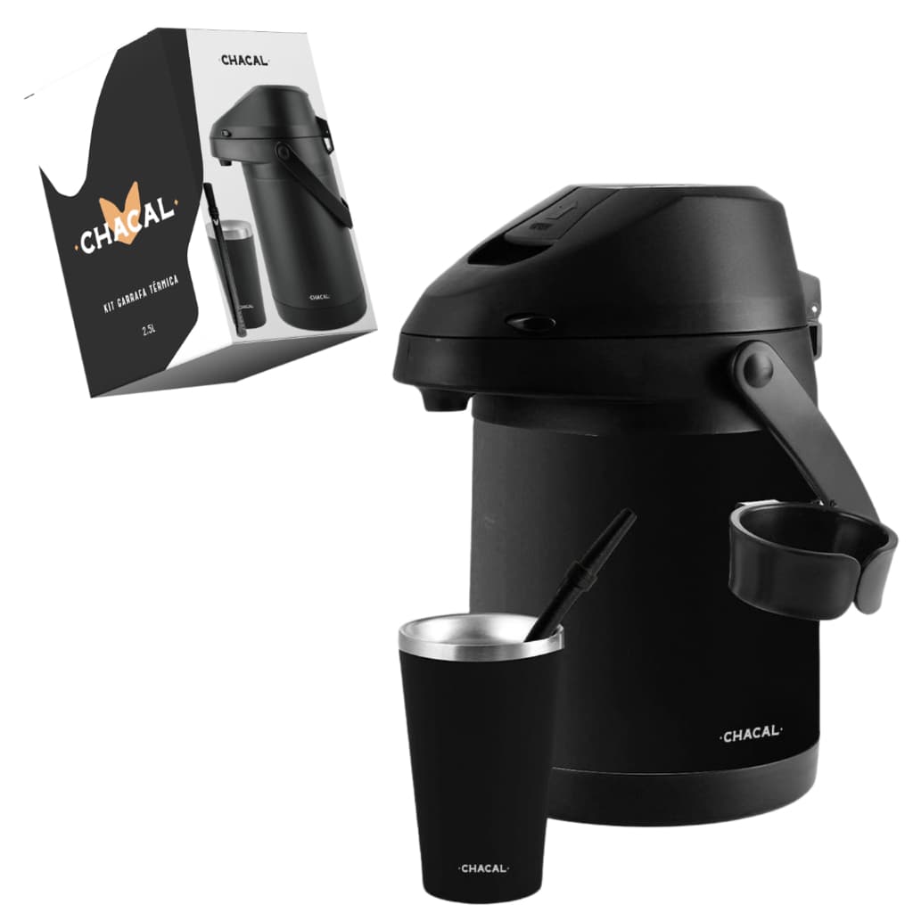 Kit Terere Chacal Garrafa Térmica 2,5L Cuia 200ml Bomba Inox Preto - Lançamento