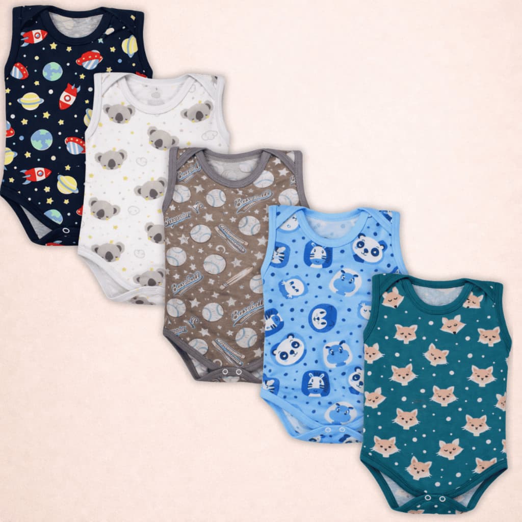 Kit 5 Peças Body Bebe Regata Estampado 100% Algodão Menino