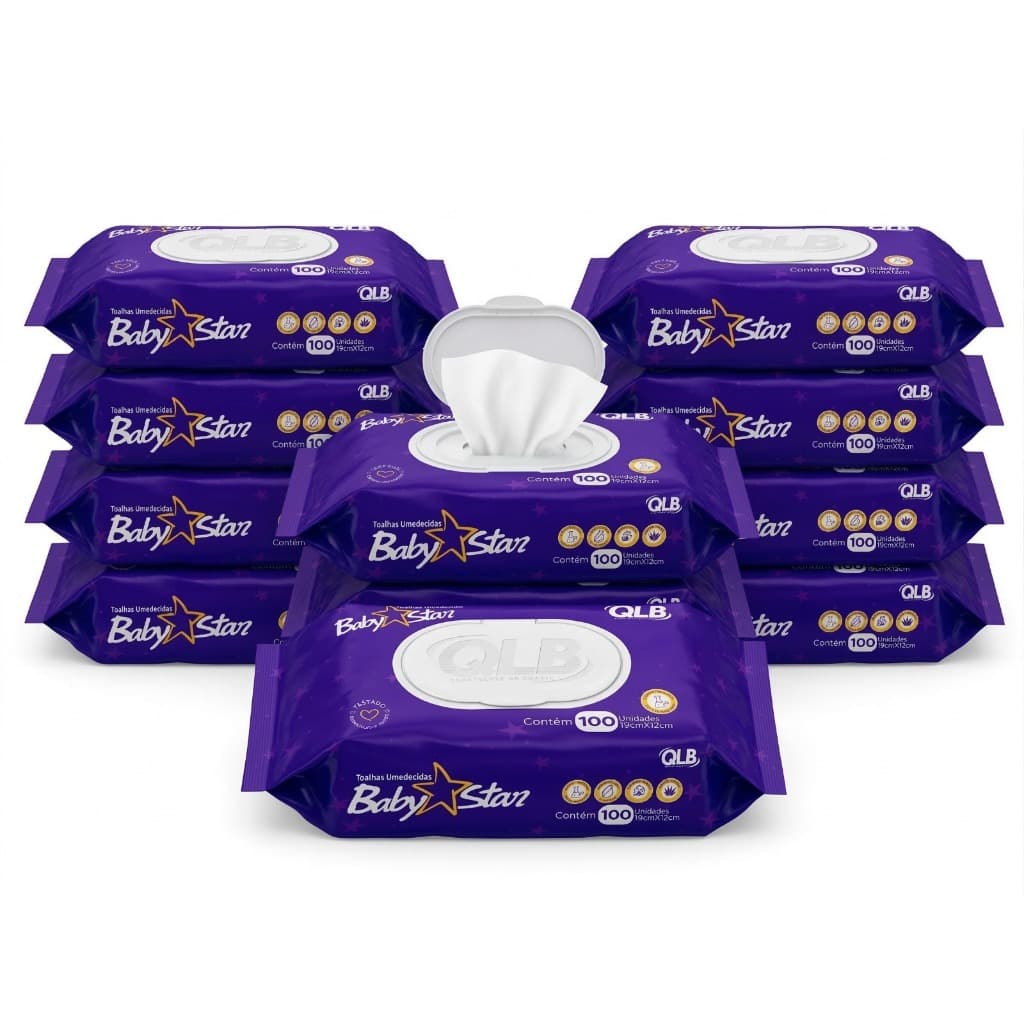 Caixa com 10 Lenços/Toalha Umedecidas Baby Star Roxa c/ 100 Unidades Cada – Tampa FlipTop