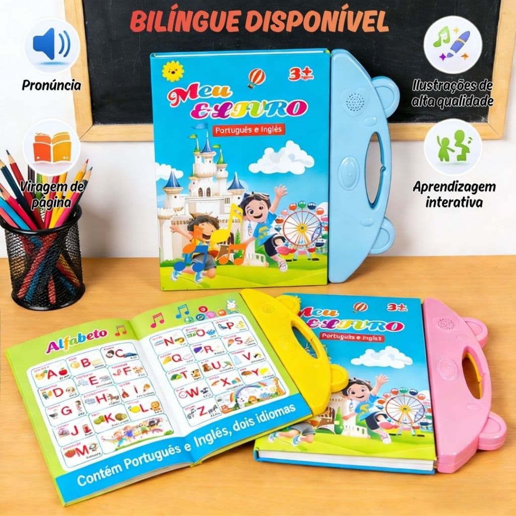 Livro Interativo com Som Bilingue Português/Inglês Multitemas - Toque com Som, Brinquedo Educativo e Presente Infantil
