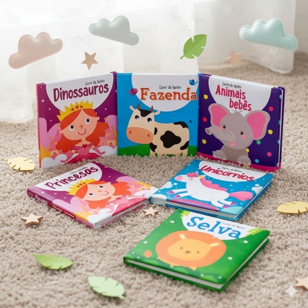Kit com 7 Mini Livros de Banho Emborrachados