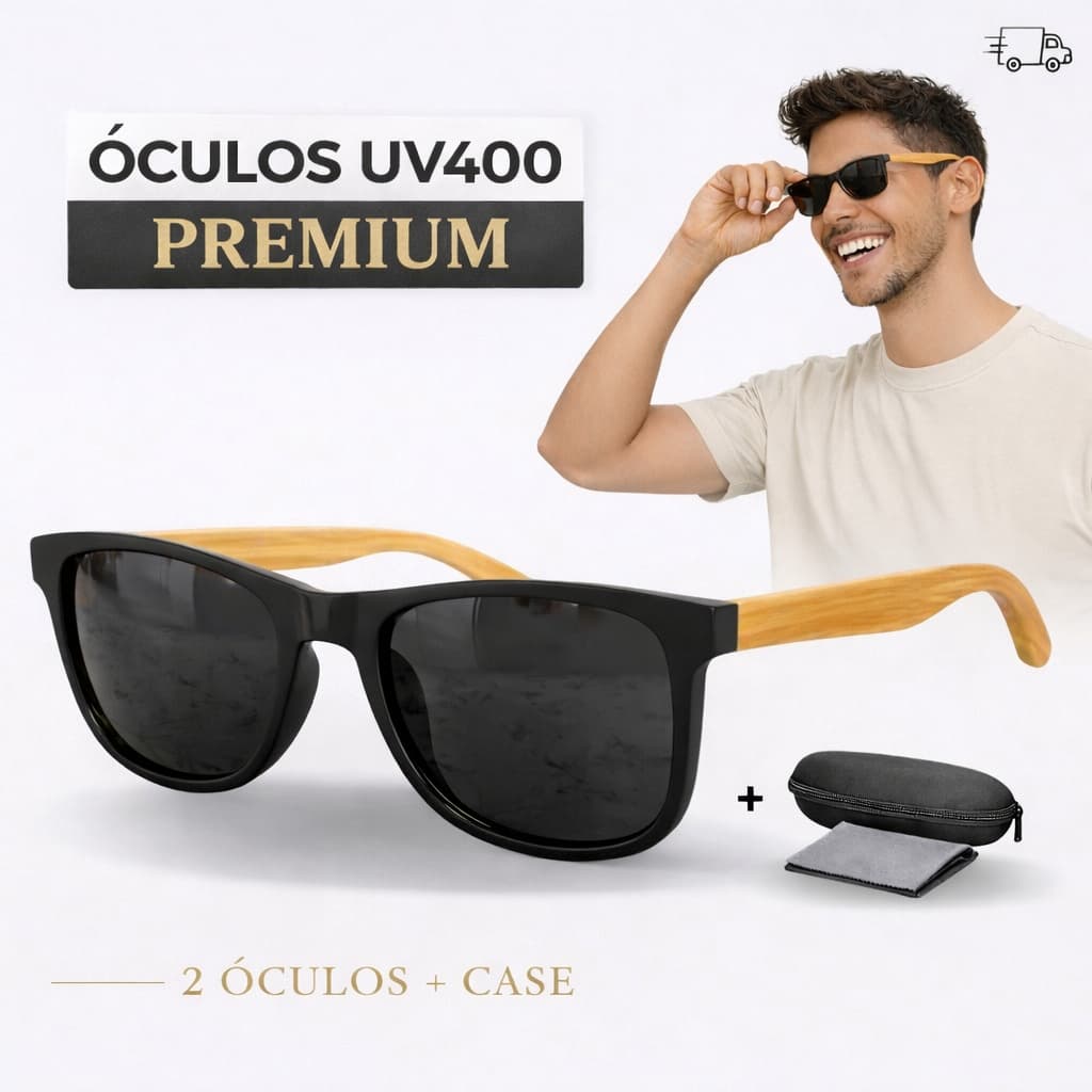 Óculos De Sol Masculino Moderno Haste Estilo Bambu c/ Proteção UV400 Premium Quadrado+ Case c/ Zíper