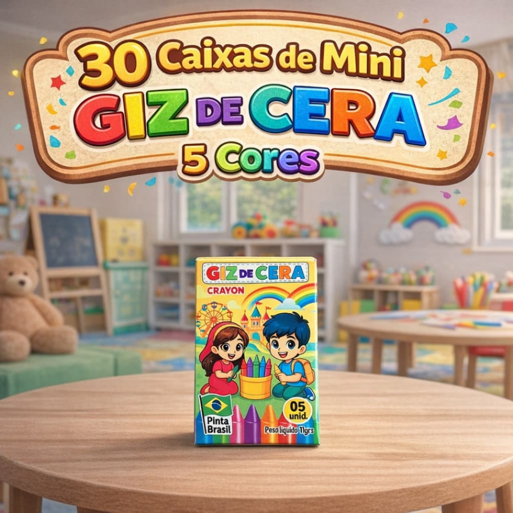 30 Cx Mini Giz de Cera 5 Cores P/ Kit Festa Infantil Lembrancinha 10, 20 ou 30