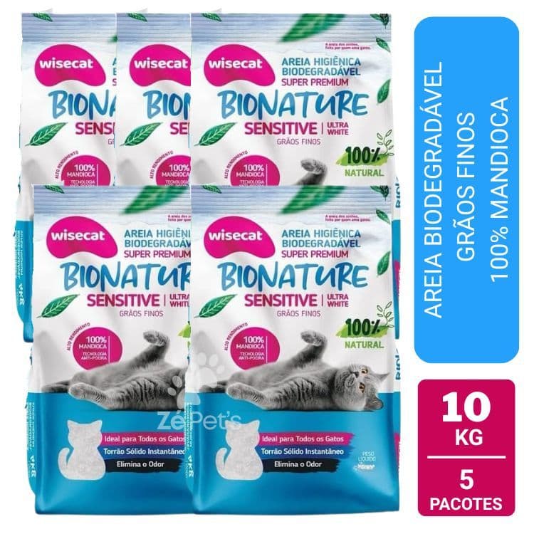 Kit 5 Unid Areia Higiênica De Mandioca Para Gatos Wisecat Bionature Sensitive Grãos Finos 2kg