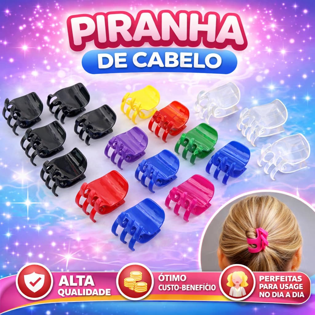 Kit com 12 piranhas tridente prendedor de cabelo cores preta e transparente