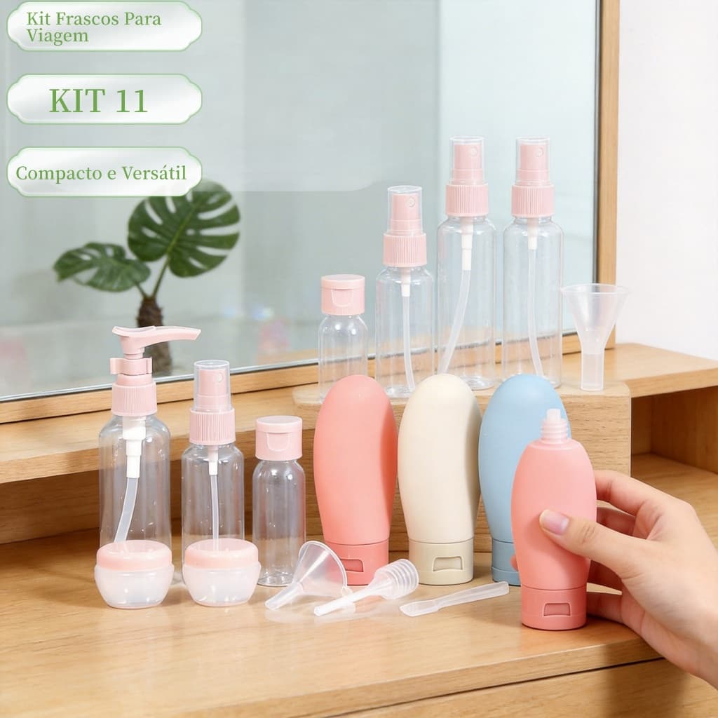 Kit 11 Frascos Para Viagem Com Estojo Conjunto Multifuncional Para Cosméticos Cremes Shampoo Sabonete