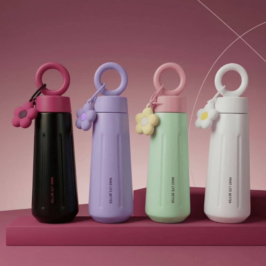 Garrafa Térmica Inox 450ml Chaveiro de Flor Squeeze Portátil