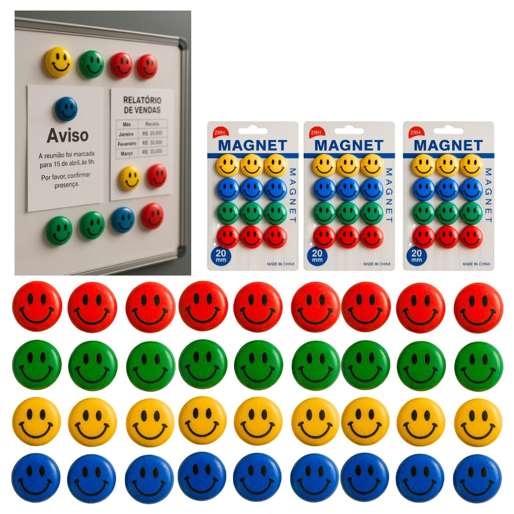 Kit 36 Imãs Emojis 2cm magnético animado geladeira lousa quadro mural alta fixação escolas empresa c
