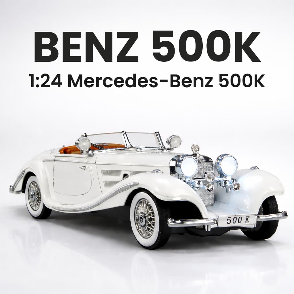Carro Mercedes Benz 500K Clássico 1:24 – Miniatura Coleção Diecast em Metal Fundido com Fumaça