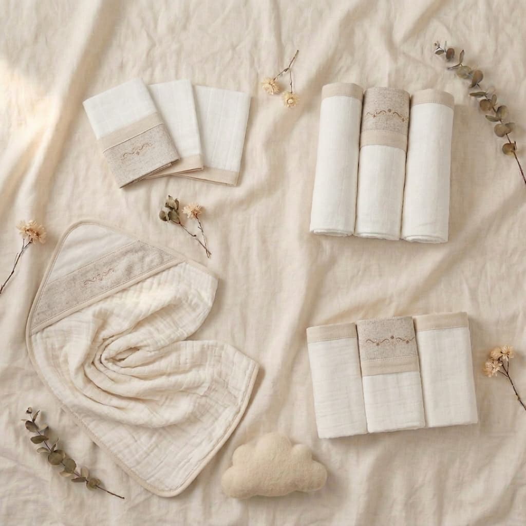 Kit 10 Peças Enxoval Premium Bebê – Fralda, Toalha Soft, Cueiro e Pano de Boca | Algodão | Nature