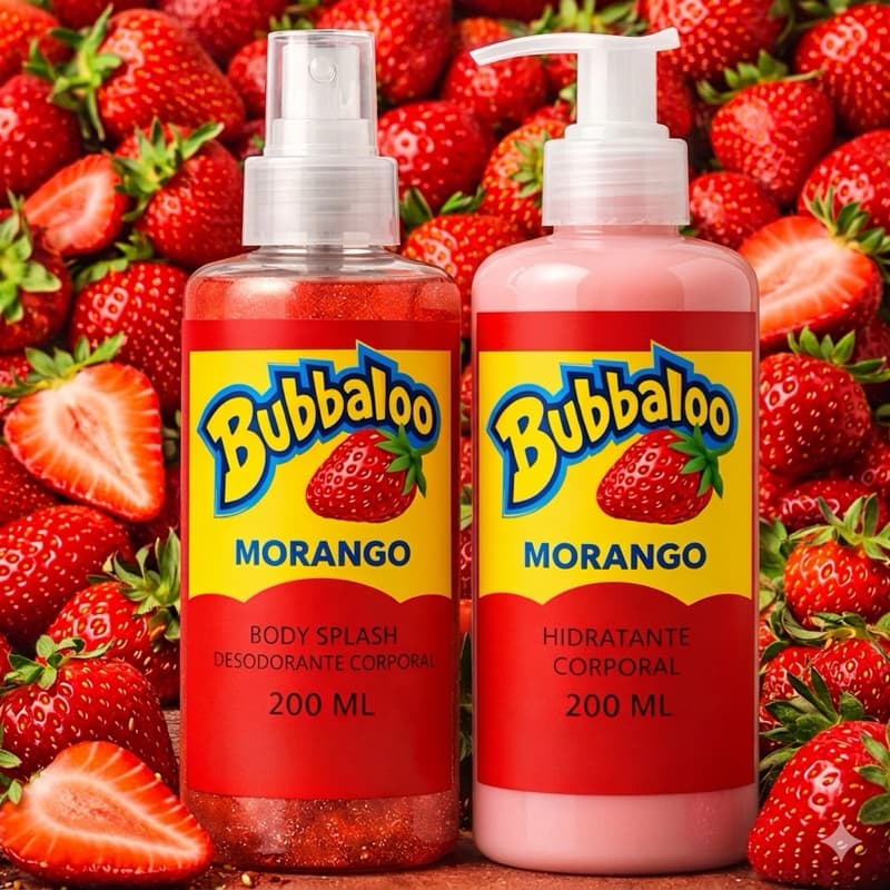 1 Kit Body Splash Bubbaloo Morango com gliter 200Ml + 1 Hidratante Corporal Morango 200ML