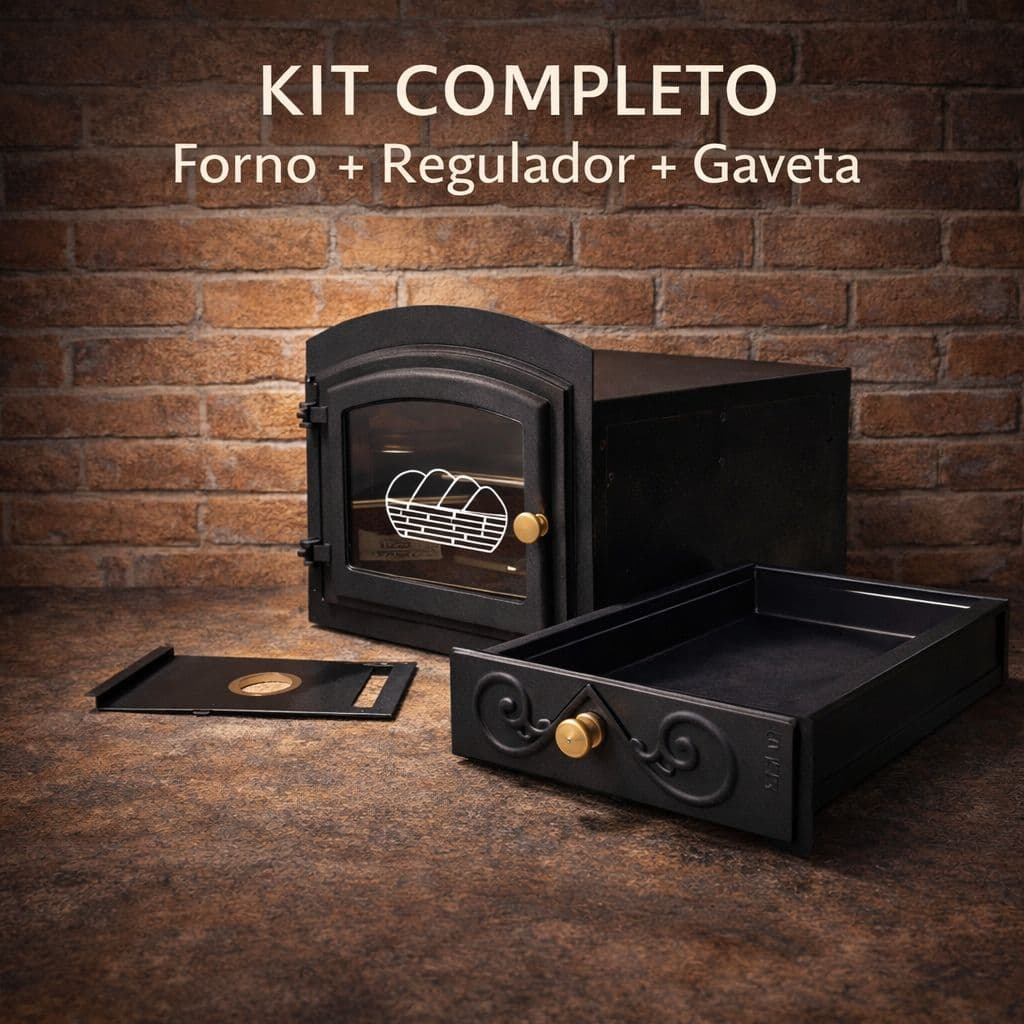 Kit Forno P/Fogão a Lenha Arqueado C/ Vidro G + Gaveta Ferro + Regulador Fumaça