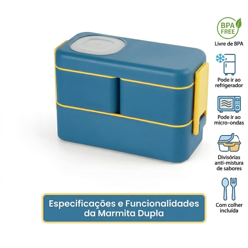 Marmita Dupla 1050ml Com Divisória E Kit Talheres (Sem Tampa No Micro-ondas)