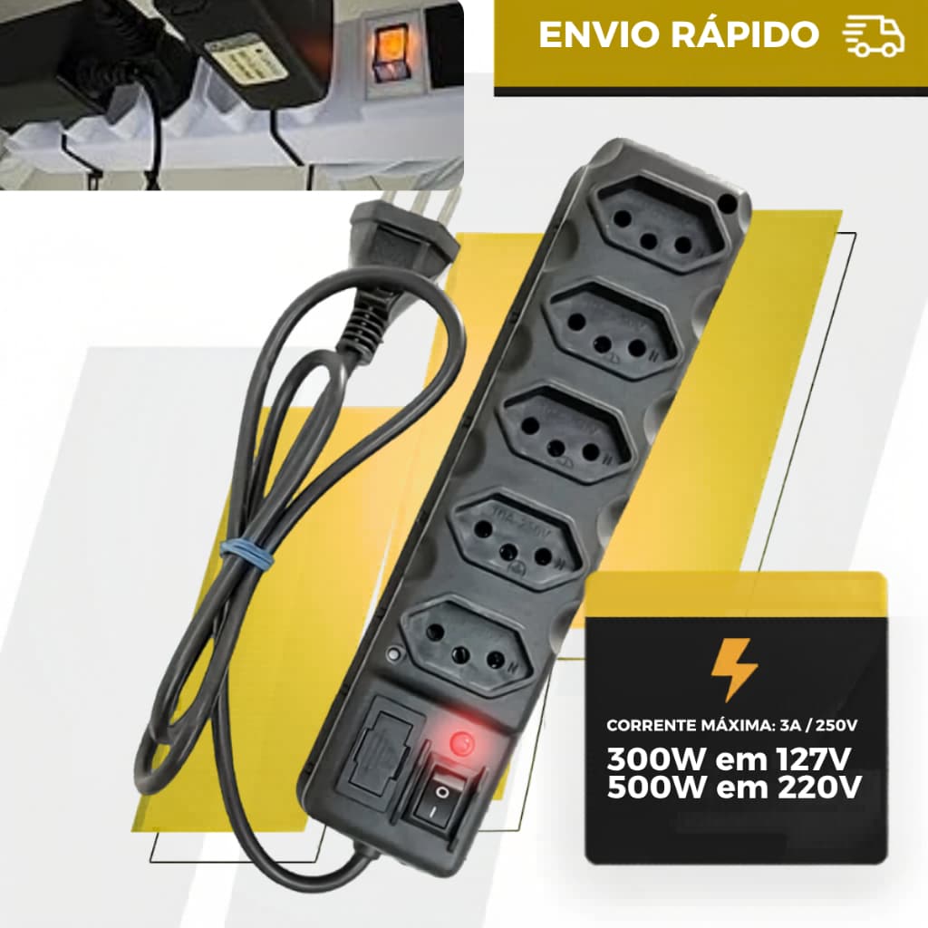 Filtro de Linha Preto 3, 4, 5 e 6 Tomadas Régua Elétrica 0.85  METROS