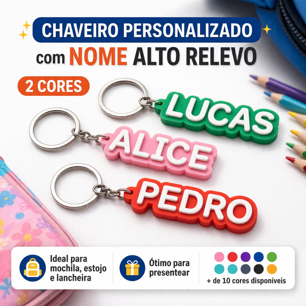Chaveiro Personalizado com Nome Alto Relevo para Mochila Estojo e Lancheira
