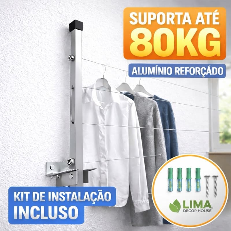 Varal Dobrável forte de parede 100% Aluminio Premium o Mais Resistente da Categoria suporta 80kg