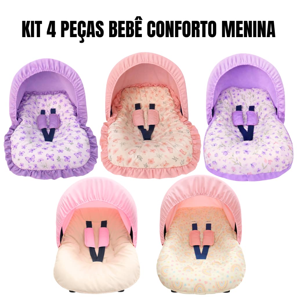Kit Capa Bebê Conforto MENINA 4 Peças Completo Universal até 13kg Capa Capota Protetor Cinto