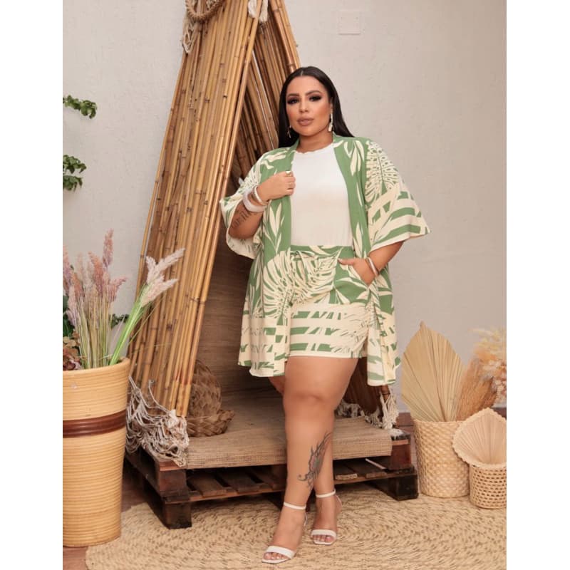 conjunto  verão shorts e kimono em viscolinho plus size