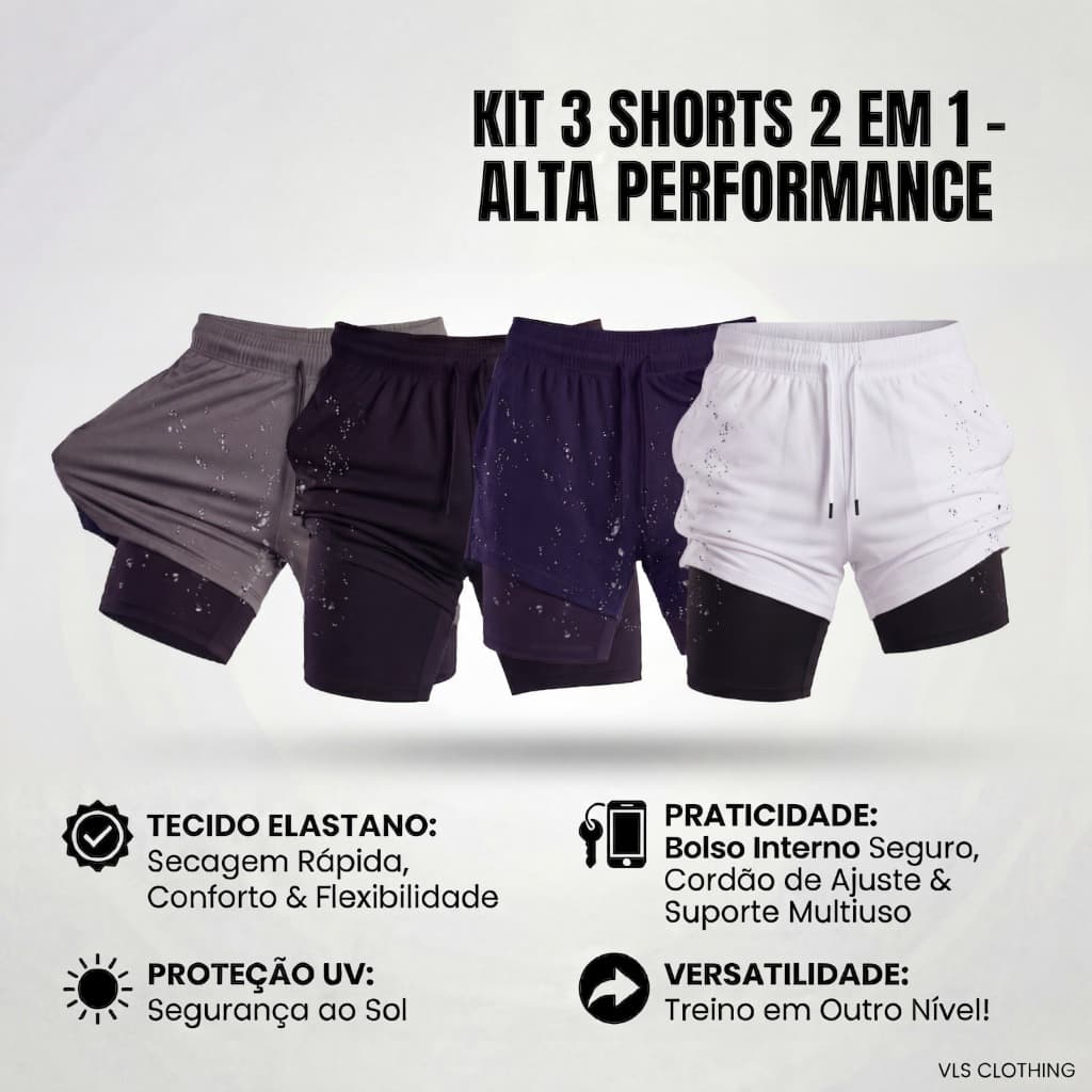 KIT 3 Shorts 2 em 1 DryFit VLS Original Elastano Academia Esporte Treino Masculino