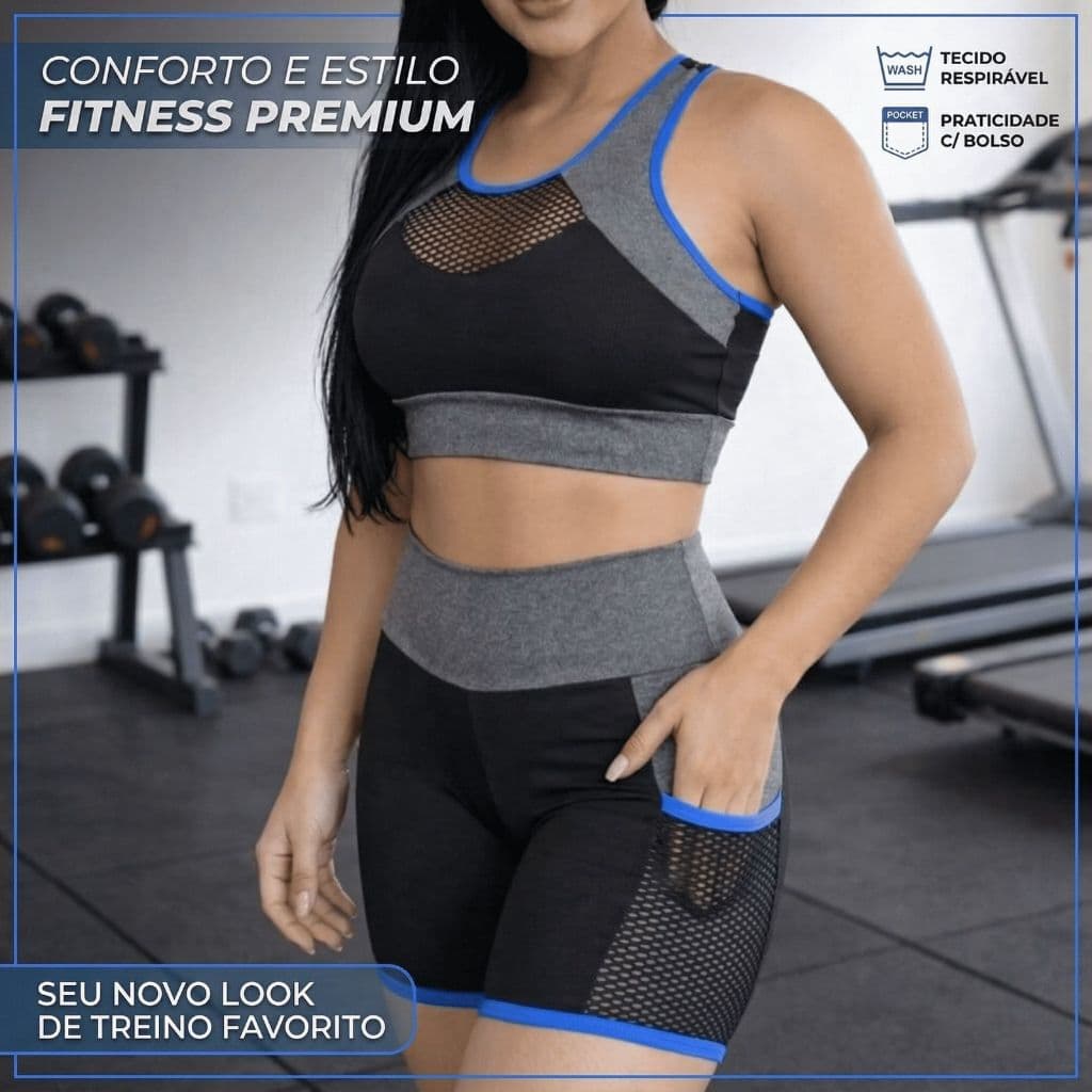Conjunto Feminino Fitness Bolso Lateral Funcional Top e Short Zero Transparência