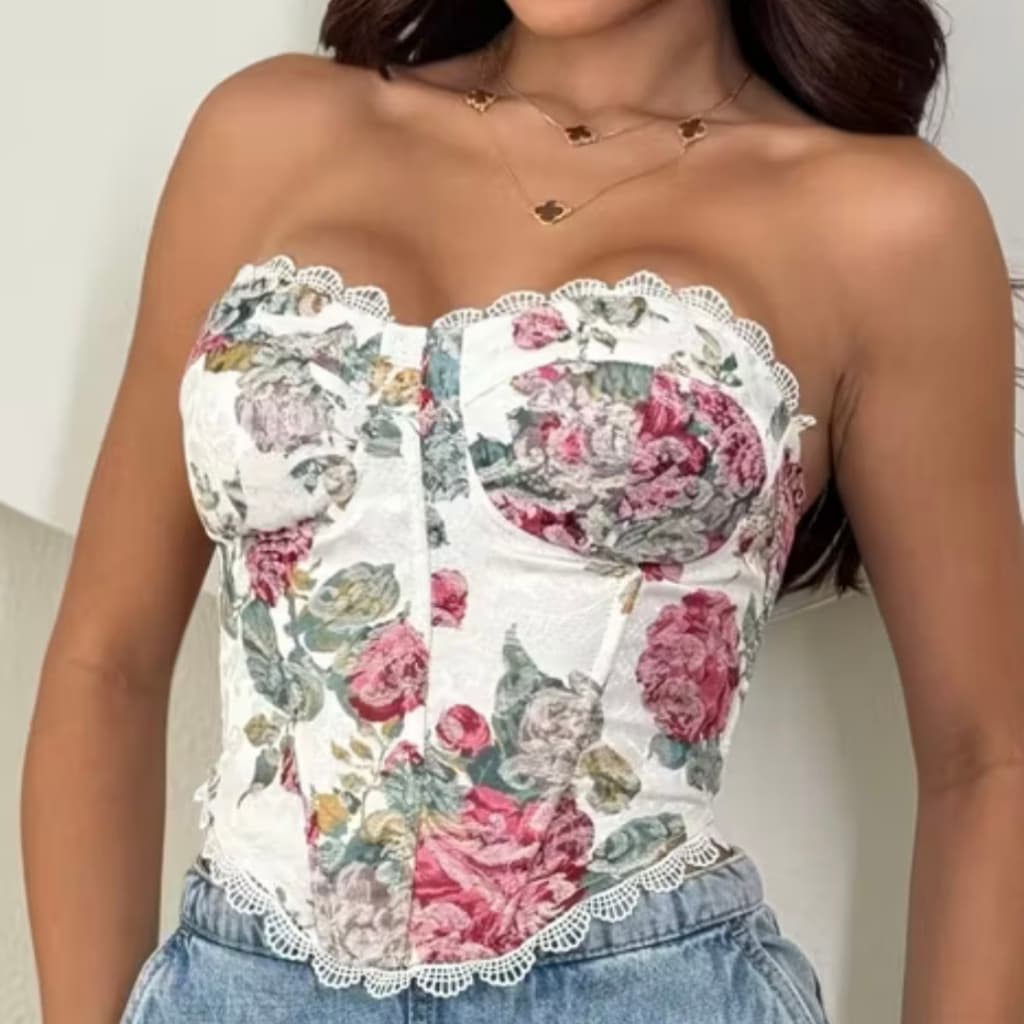 Top cropped estampado sem alças com bojo e amarração nas costas - Look de festa de verão/Sobreposição para primavera/out