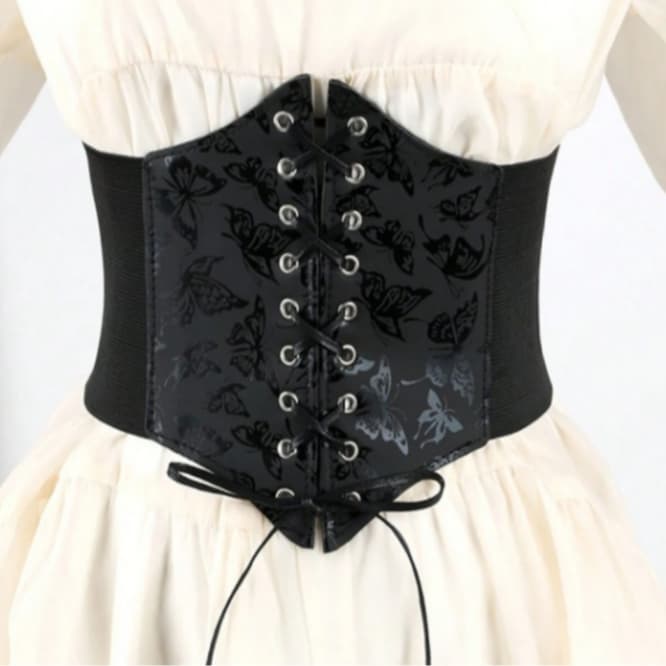 Espartilho Corset Feminino Elástico Ajustável Preto Borboletas