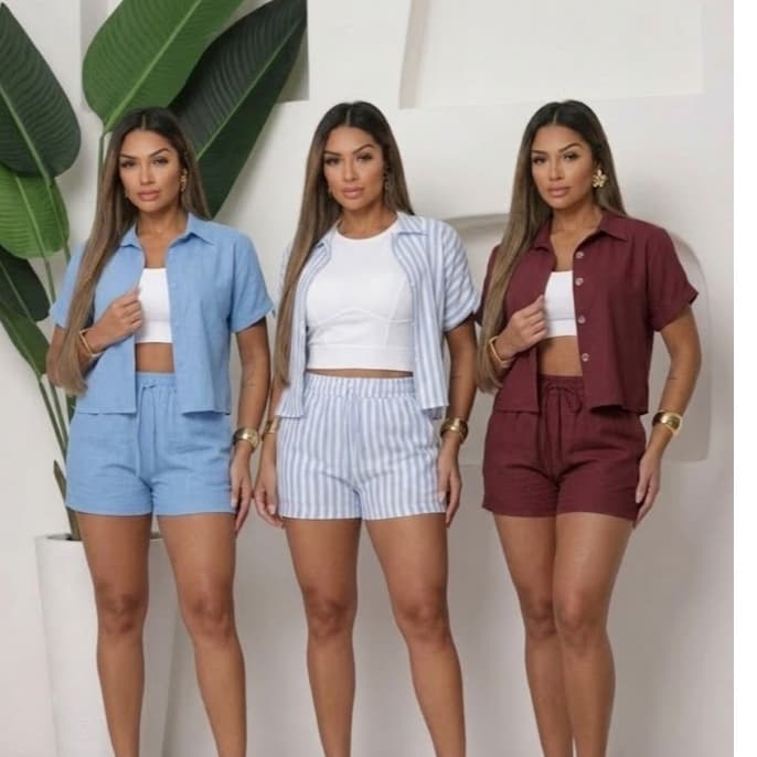 Conjunto Femenino Estampa LISTRADO e LISO Manga Curta e short com bolso