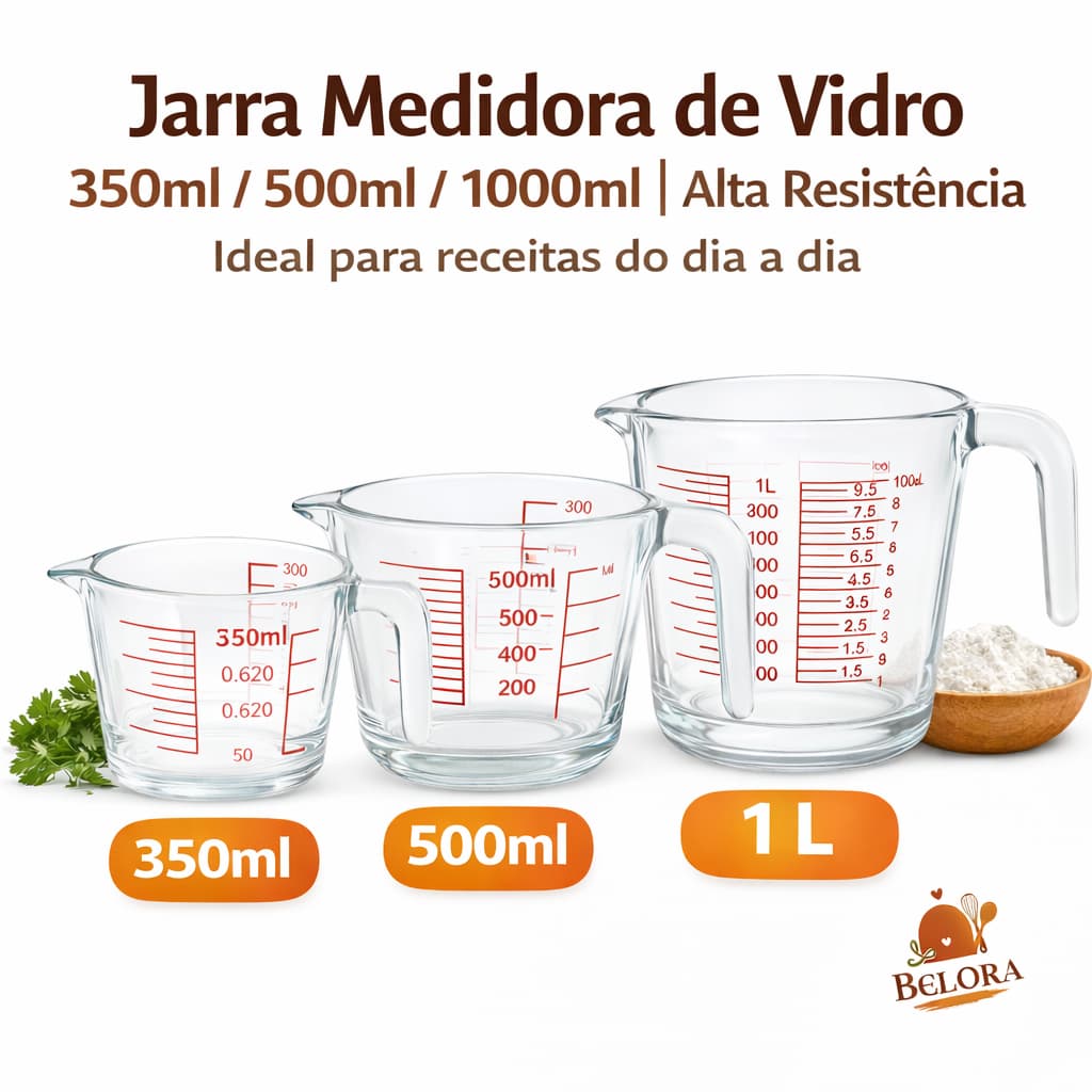 Jarra Medidora De Vidro Opção 350ml 500ml 1000ml com Alça Para Receitas Resistente Vai no Microondas