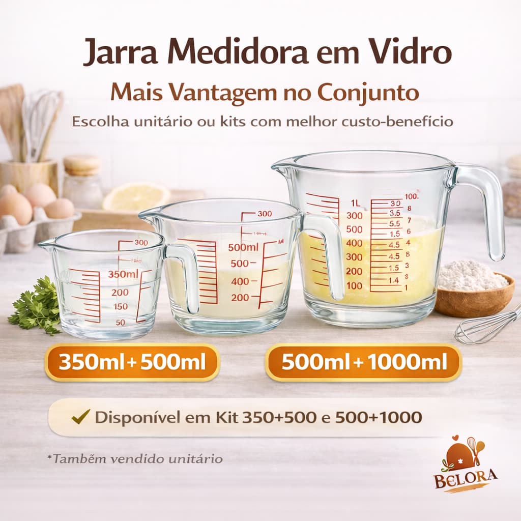 Jarra Medidora Vidro Praticidade Volumes 350ml 500ml 1000ml Opção em KIT