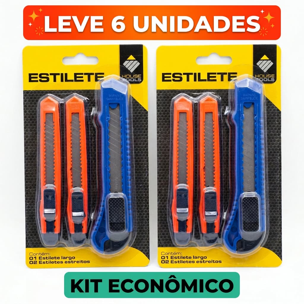 Estilete 18mm Profissional Kit 6 Peças Lâmina Larga Cabo Reforçado Uso Escolar Escritório