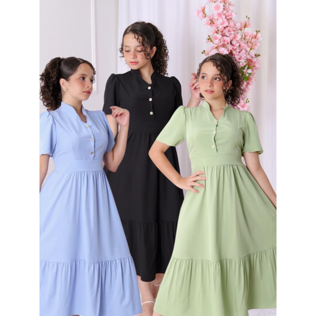 Vestido Infantil Juvenil Midi Crepinho Elegante Botões Romântico Blogueirinha Rodado Tam 10 12 14 16