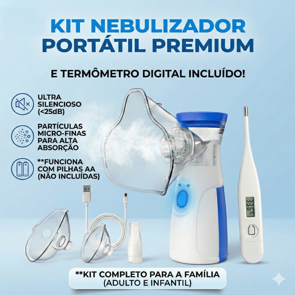 Kit Inalador Nebulizador Ultrassônico Portátil Branco e Azul + Termômetro de Braço Branco
