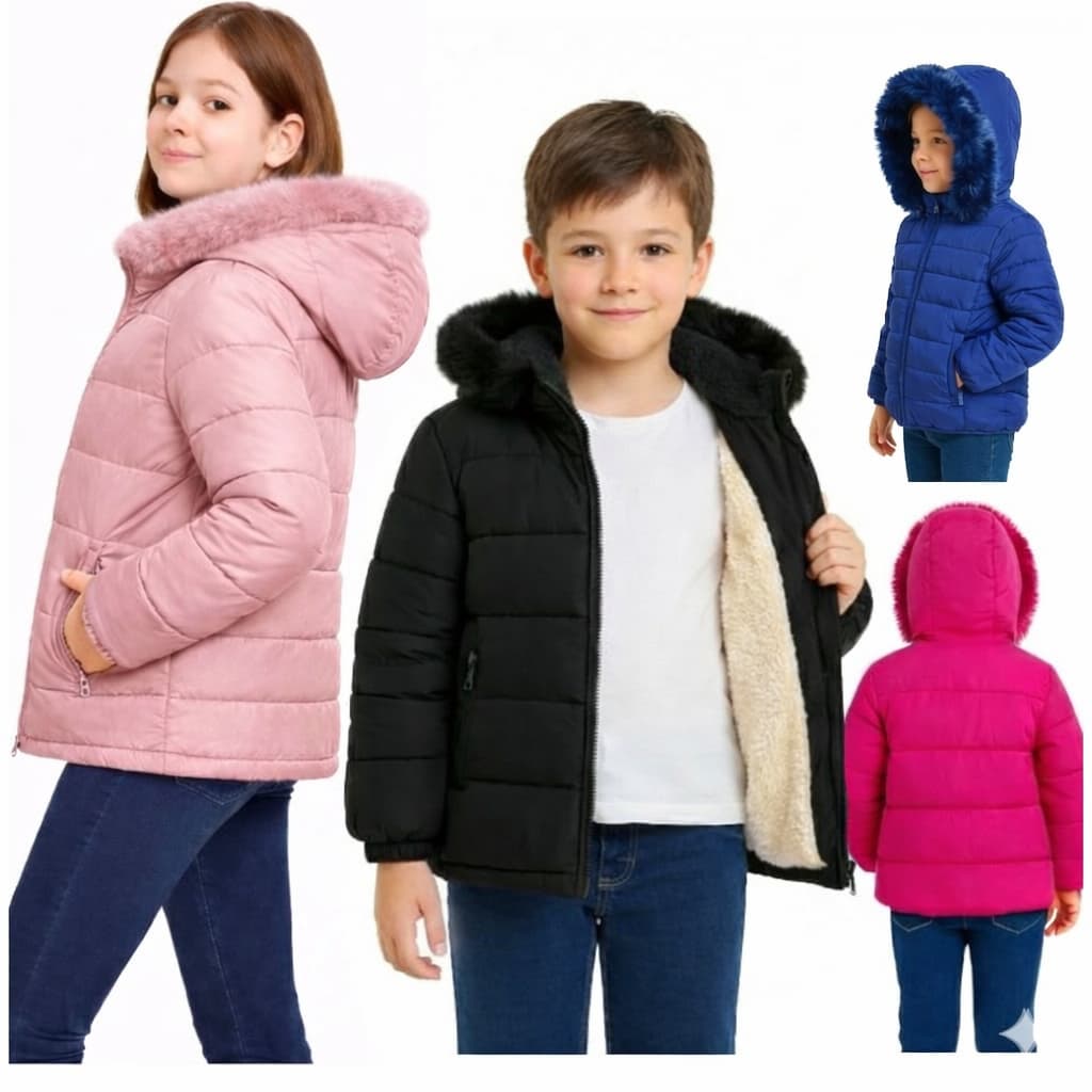 Jaqueta Puffer Infantil Forrada Impermeável Pelucia Capuz Removivel Blusa de Frio 6 a 16 Bobojaco