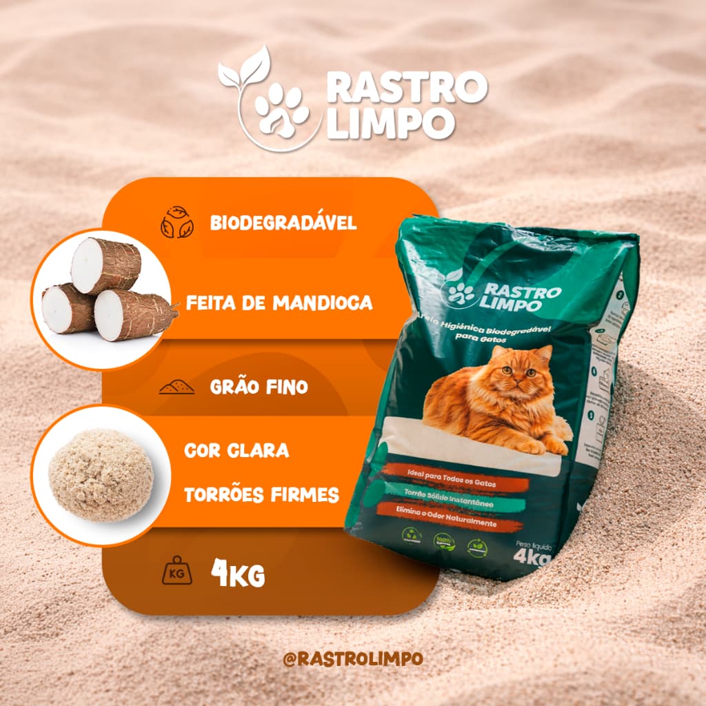 Areia Biodegradável Grãos Finos 4 Kg Higiênica - Rastro Limpo Premium Torrões Firmes para Gatos
