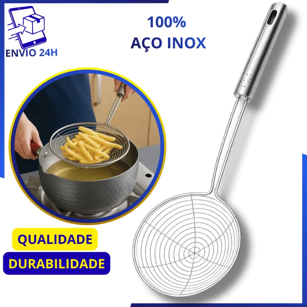 Escumadeira Fritura Batata Pastel Salgado Aço Inox Premium Resistente Cozinha Restaurante