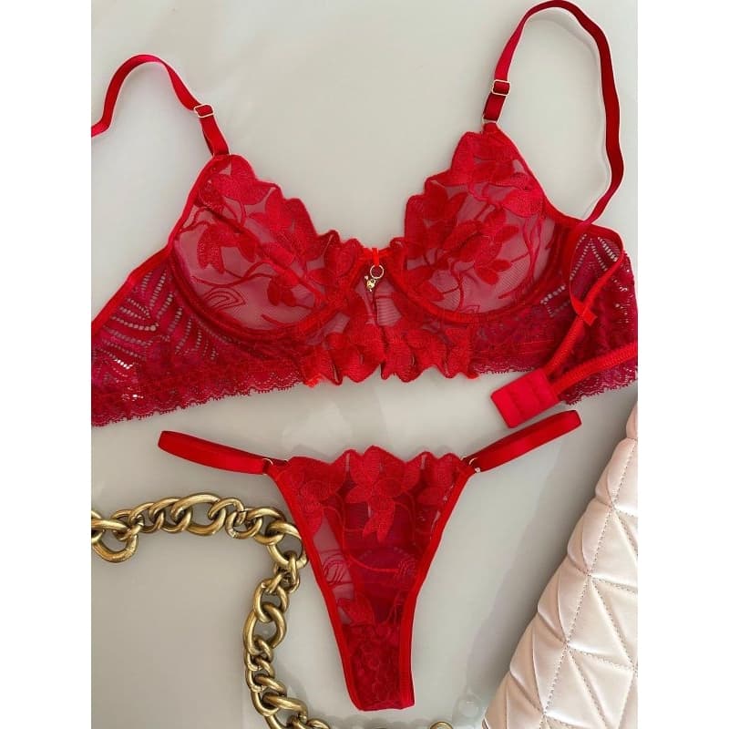 Conjunto Lingerie Tule Bordado Com Aro Sexy Sensual Feminino.