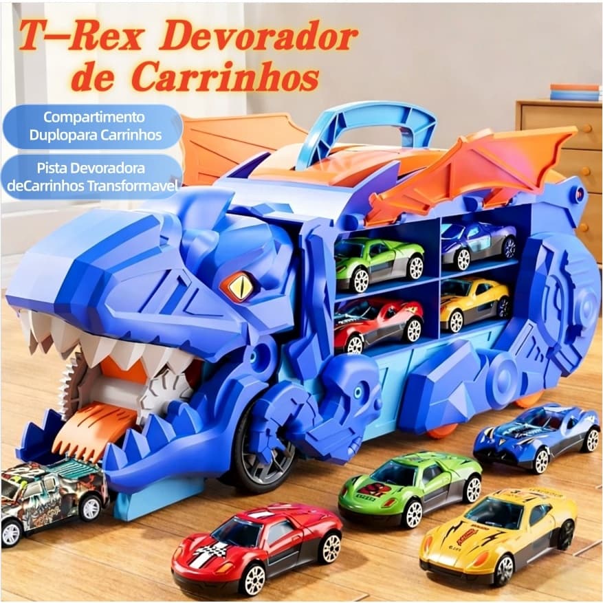 Caminhão Dinossauro T-Rex Engole Carrinhos com 4 Carros de Metal Transformável com Pista Rampa e Alça