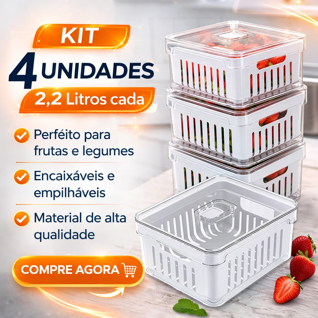 Kit 4 Organizadores de Geladeira de Acrílico 2,2 Litros com Tampa e Cesto de Drenagem