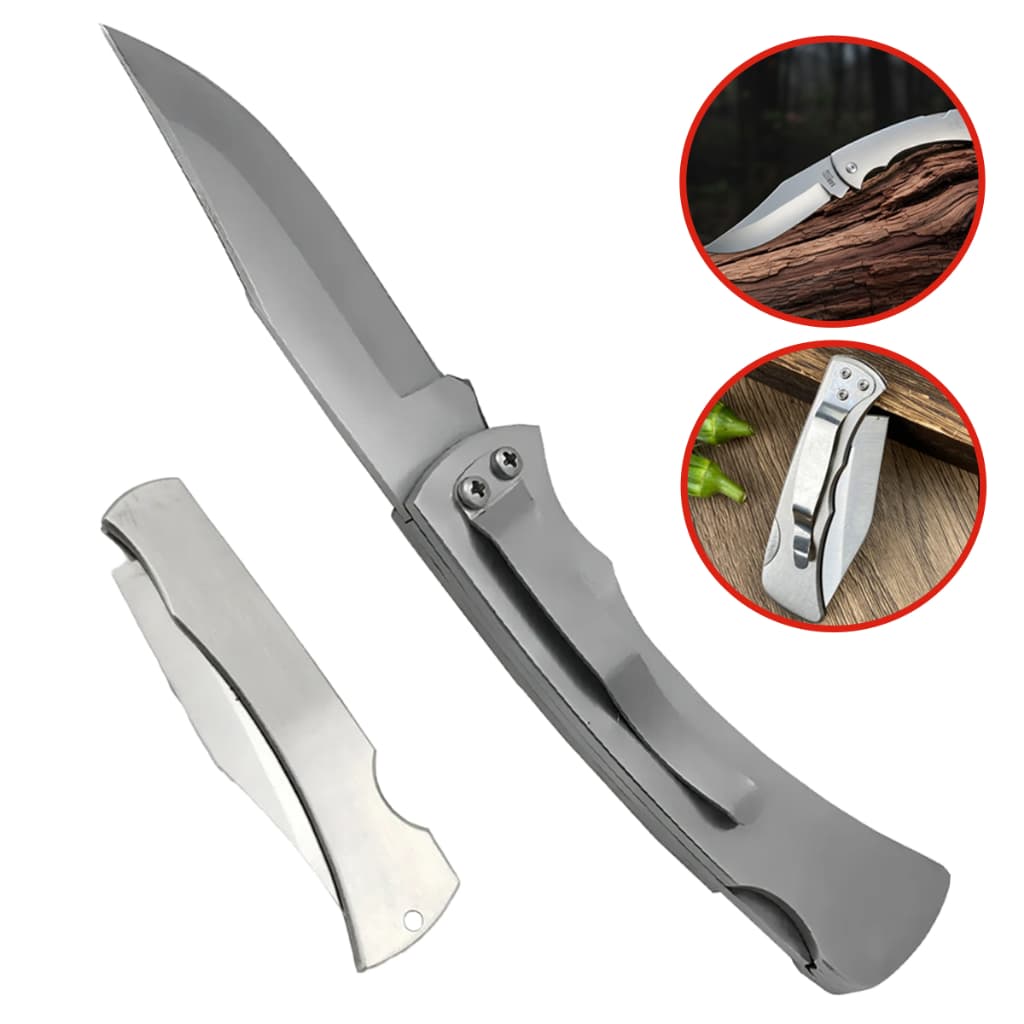 Canivete Tatico de Bolso Prata Dobrável em Aço Inox C/trava de segurança C/ e Clip Inox