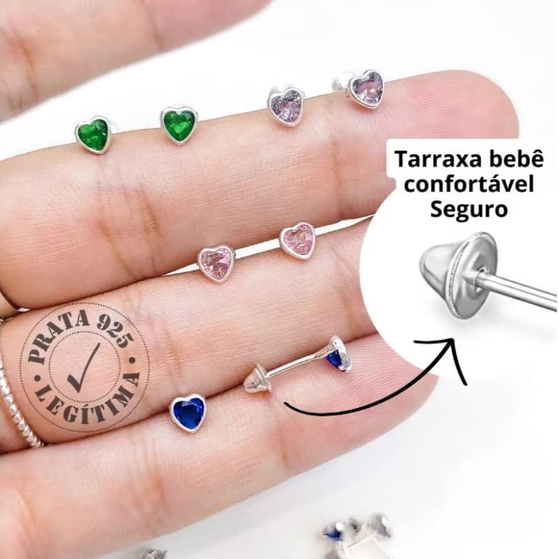 Brinco Infantil Prata 925 Coração 4mm Baby Antialérgico Tarraxa Segurança Recém Nascido